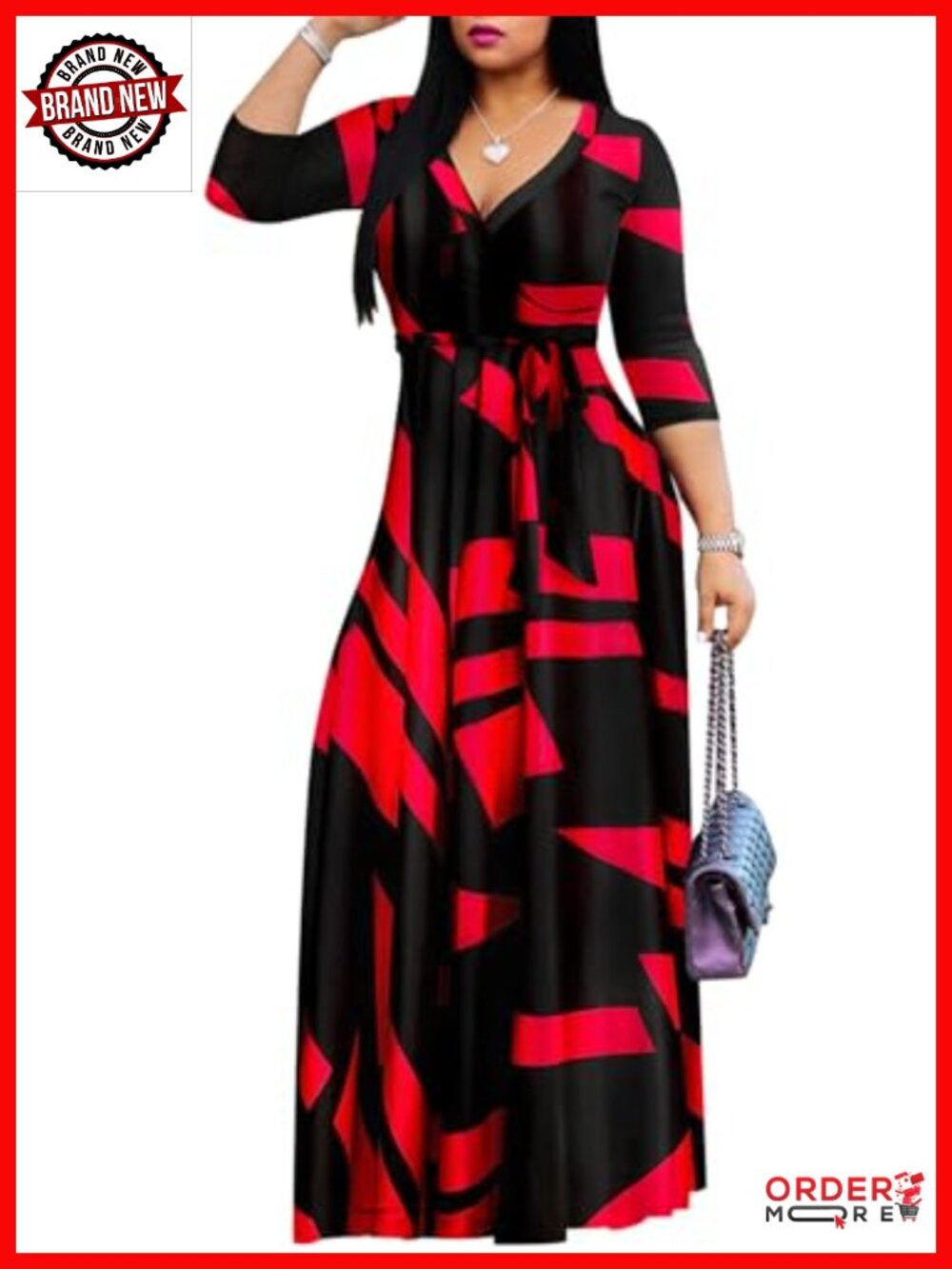 Floral V-Neck 3/4 Sleeve Maxi Dress Bohemian Print Summer Party